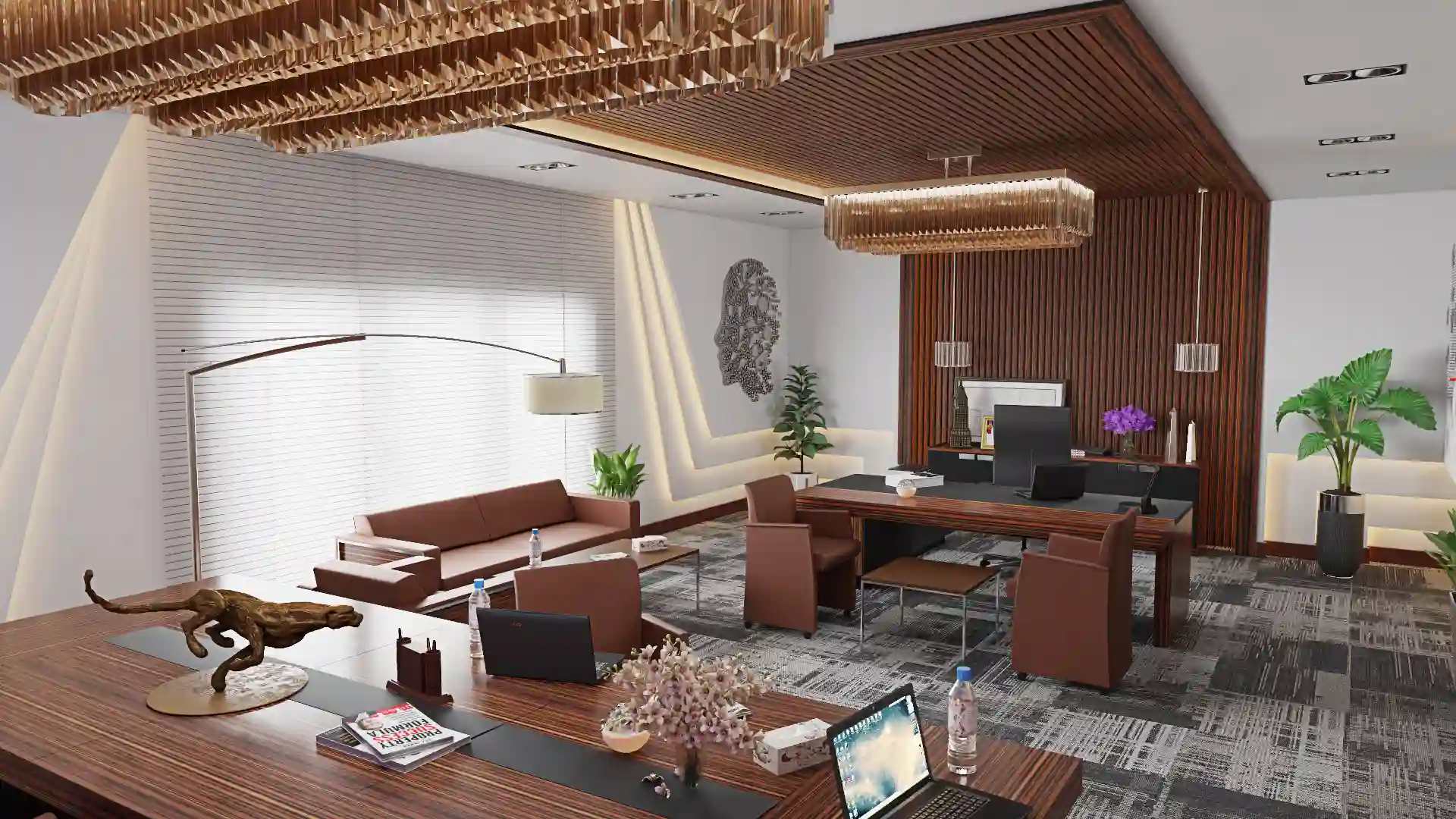 Contemporary office with wood paneling and decor.